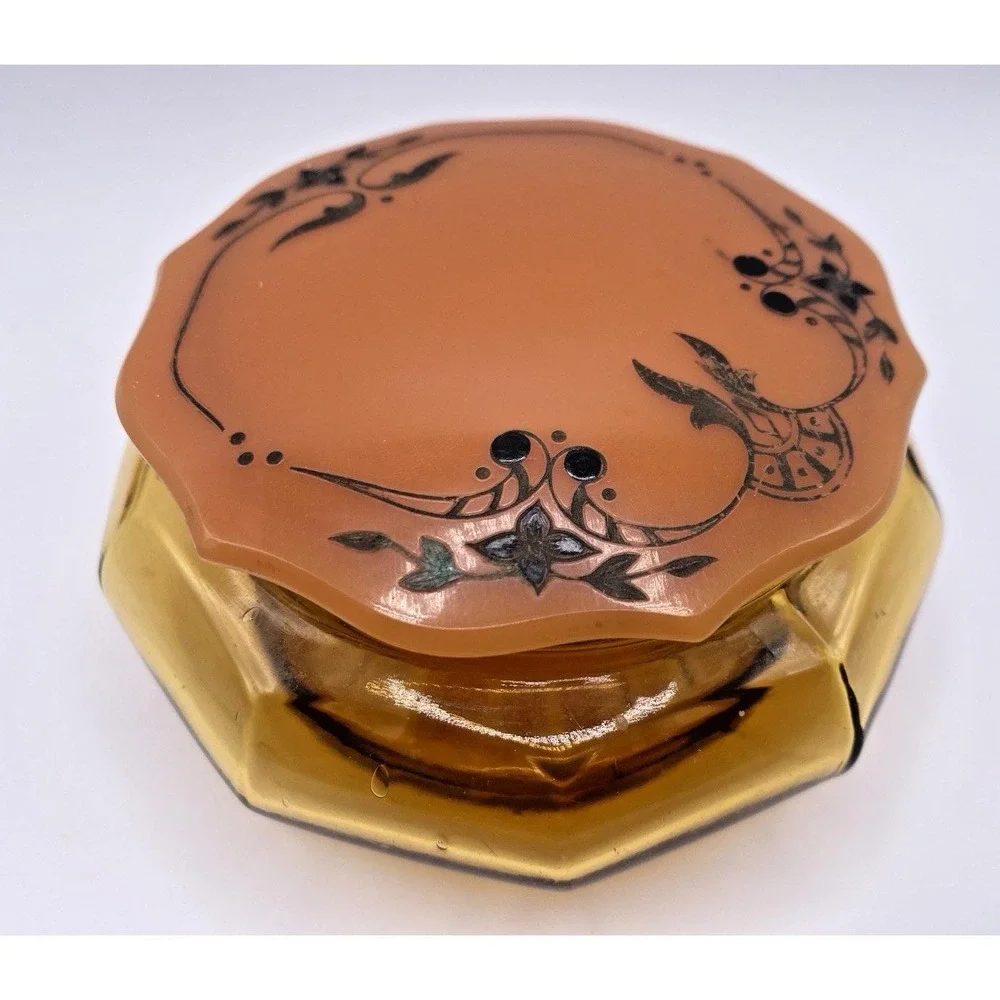 Vtg  Art Deco Glass Amber Vanity/Dresser Powder Jar Celluloid Decorative Lid